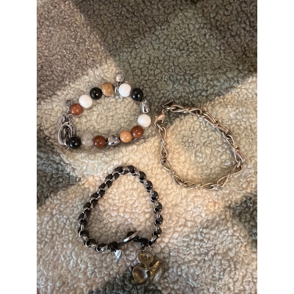Fossil Tommy Hilfiger Bracelet Bundle Set 3pc Beaded Leather Chain Clover Silver